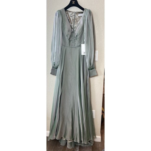 Mac Duggal Size 4 Sheer Blouson Sleeve Sage Green  Gown 67873 Dress Sold Out - Picture 3 of 14